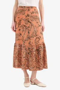 DeFacto Regular Fit Beli Lastikli Desenli Midi Etek - Image 5