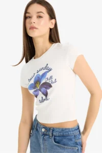 DeFacto Fitted Crew Neck Printed Ribbed Short Sleeve T-Shirt