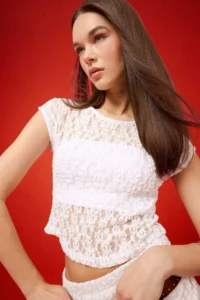 DeFacto Fitted Crop Lace Short Sleeve White Blouse