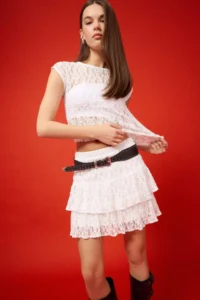 DeFacto Fitted Crop Lace Short Sleeve White Blouse - Image 3