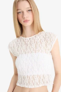 DeFacto Fitted Crop Lace Short Sleeve White Blouse - Image 4
