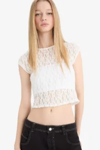 DeFacto Fitted Crop Lace Short Sleeve White Blouse - Image 6