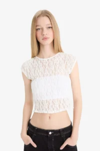 DeFacto Fitted Crop Lace Short Sleeve White Blouse - Image 7