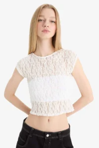 DeFacto Fitted Crop Lace Short Sleeve White Blouse - Image 8