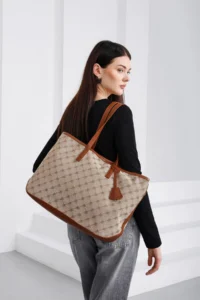 Shule Bags Michelle Monogram Shoulder Bag Tan - Image 3