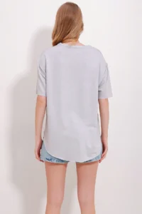 Trend Alaçatı Stili Women's Gray Crew Neck Oval Cut Modal T-Shirt - Image 7