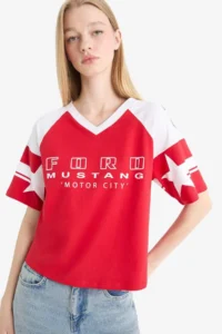 DeFacto 100% Cotton Ford Motor Company Oversized V-Neck T-Shirt - Image 3