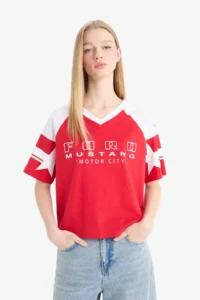 DeFacto 100% Cotton Ford Motor Company Oversized V-Neck T-Shirt - Image 5