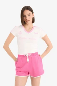 DeFacto Cool Fitted V-Neck Printed Ribbed Short Sleeve White T-Shirt - Image 6