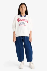 DeFacto Relax Fit Polo Neck Printed Ecru Girls' Sweatshirt F2251A8/ER105 - Image 2