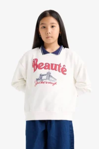 DeFacto Relax Fit Polo Neck Printed Ecru Girls' Sweatshirt F2251A8/ER105 - Image 3