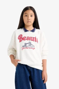 DeFacto Relax Fit Polo Neck Printed Ecru Girls' Sweatshirt F2251A8/ER105 - Image 4