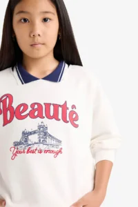 DeFacto Relax Fit Polo Neck Printed Ecru Girls' Sweatshirt F2251A8/ER105 - Image 5