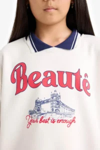 DeFacto Relax Fit Polo Neck Printed Ecru Girls' Sweatshirt F2251A8/ER105 - Image 6