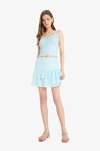 DeFacto Gingham Normal Waist Combed Cotton Lining Wrinkled Mini Skirt