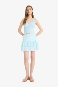 DeFacto Gingham Normal Waist Combed Cotton Lining Wrinkled Mini Skirt - Image 2