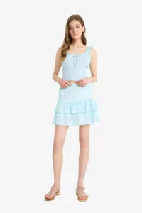 DeFacto Gingham Normal Waist Combed Cotton Lining Wrinkled Mini Skirt - Image 3