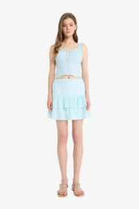 DeFacto Gingham Normal Waist Combed Cotton Lining Wrinkled Mini Skirt - Image 4