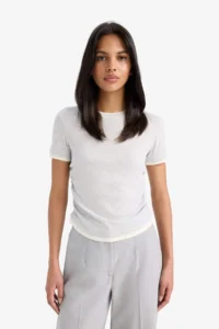 DeFacto Slim Fit Narrow Cut Crew Neck Basic Plain Rib Short Sleeve T-Shirt - Image 3