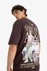 DeFacto 100% Cotton Initial D Boxy Fit Crew Neck Back Printed Short Sleeve T-Shirt