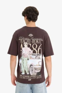 DeFacto 100% Cotton Initial D Boxy Fit Crew Neck Back Printed Short Sleeve T-Shirt - Image 7