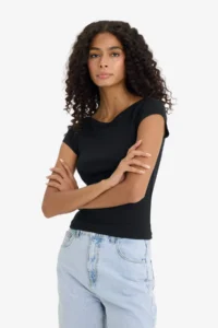 DeFacto Slim Fit Narrow Cut Boat Neck Ribbed Camisole Black Short Sleeve T-Shirt - Image 3