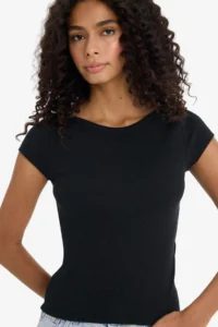 DeFacto Slim Fit Narrow Cut Boat Neck Ribbed Camisole Black Short Sleeve T-Shirt - Image 4