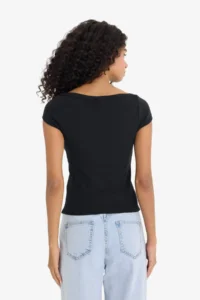 DeFacto Slim Fit Narrow Cut Boat Neck Ribbed Camisole Black Short Sleeve T-Shirt - Image 6