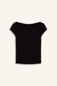 DeFacto Slim Fit Narrow Cut Boat Neck Ribbed Camisole Black Short Sleeve T-Shirt - Image 7