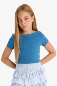 DeFacto Fitted Boat Neck Ribbed Short Sleeve T-Shirt Girls - Image 3