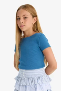 DeFacto Fitted Boat Neck Ribbed Short Sleeve T-Shirt Girls - Image 4