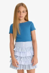 DeFacto Fitted Boat Neck Ribbed Short Sleeve T-Shirt Girls - Image 5