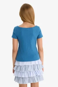 DeFacto Fitted Boat Neck Ribbed Short Sleeve T-Shirt Girls - Image 7