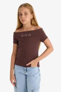 DeFacto Slim Fit Narrow Cut Open Shoulder Star Pattern Ribbed Short Sleeve T-Shirt Girl Child - Image 3