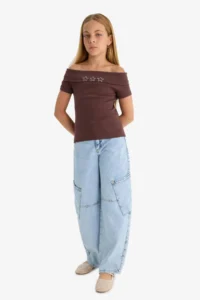 DeFacto Slim Fit Narrow Cut Open Shoulder Star Pattern Ribbed Short Sleeve T-Shirt Girl Child - Image 4