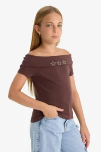 DeFacto Slim Fit Narrow Cut Open Shoulder Star Pattern Ribbed Short Sleeve T-Shirt Girl Child - Image 5