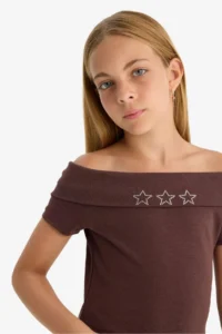 DeFacto Slim Fit Narrow Cut Open Shoulder Star Pattern Ribbed Short Sleeve T-Shirt Girl Child - Image 6