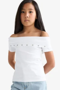 DeFacto Slim Fit Narrow Cut Off Shoulder Collar Printed Ribbed Short Sleeve T-Shirt Girl Child - Image 3