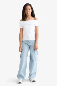 DeFacto Slim Fit Narrow Cut Off Shoulder Collar Printed Ribbed Short Sleeve T-Shirt Girl Child - Image 4