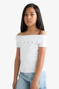 DeFacto Slim Fit Narrow Cut Off Shoulder Collar Printed Ribbed Short Sleeve T-Shirt Girl Child - Image 5