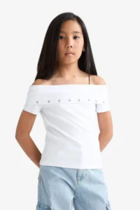 DeFacto Slim Fit Narrow Cut Off Shoulder Collar Printed Ribbed Short Sleeve T-Shirt Girl Child - Image 6