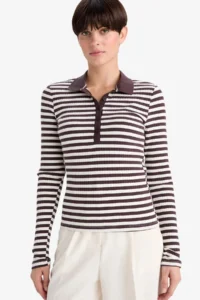 DeFacto Slim Fit Polo Neck Striped Ribbed Camisole Long Sleeve T-Shirt