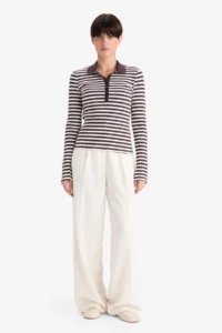 DeFacto Slim Fit Polo Neck Striped Ribbed Camisole Long Sleeve T-Shirt - Image 2