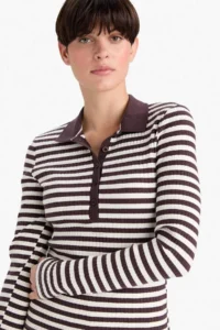 DeFacto Slim Fit Polo Neck Striped Ribbed Camisole Long Sleeve T-Shirt - Image 3