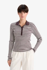 DeFacto Slim Fit Polo Neck Striped Ribbed Camisole Long Sleeve T-Shirt - Image 4