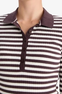 DeFacto Slim Fit Polo Neck Striped Ribbed Camisole Long Sleeve T-Shirt - Image 5