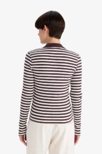 DeFacto Slim Fit Polo Neck Striped Ribbed Camisole Long Sleeve T-Shirt - Image 6