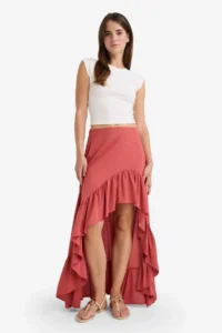DeFacto Asymmetrical Normal Waist Crinkle Fabric Midi Skirt - Image 3