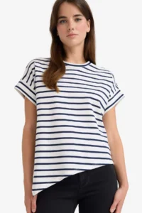DeFacto 100% Cotton Asymmetrical Crew Neck Striped T-Shirt