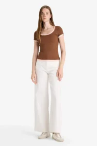 DeFacto U Neck Ribbed Camisole Short Sleeve T-Shirt - Image 2